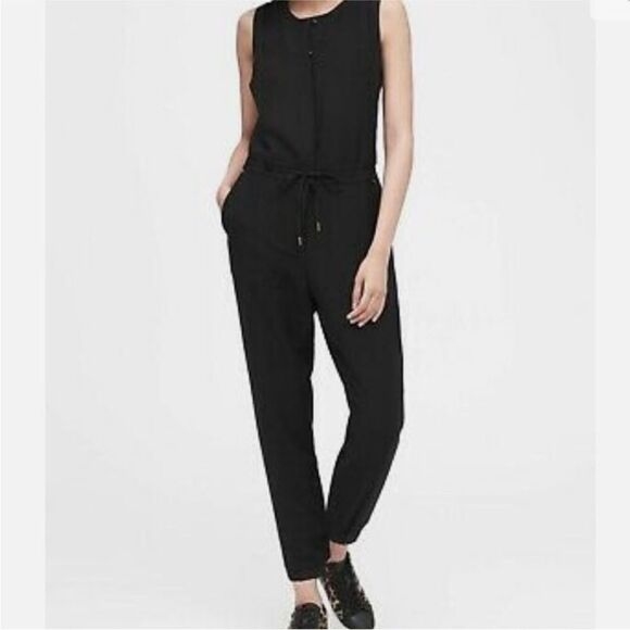 Banana Republic Black Side Stripe Sleeveless Cropped Jumpsuit | 4 - Picture 1 of 11